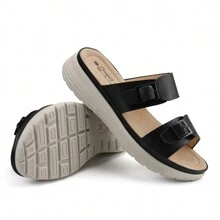 女款滑動拖鞋舒適調節雙扣平底涼鞋夏季鞋 - 黑色 - 查看 4