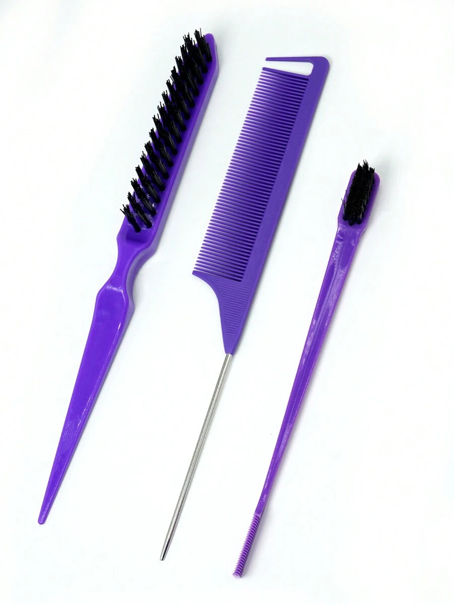 順髮梳套裝，邊緣梳，老鼠尾梳3件頭髮配件組，順髮產品可滑順、造型、馴服毛躁，邊緣控制的嬰兒養護髮刷，老鼠尾梳適用於部分髮型設計（紫色） - 紫色 - 查看 1