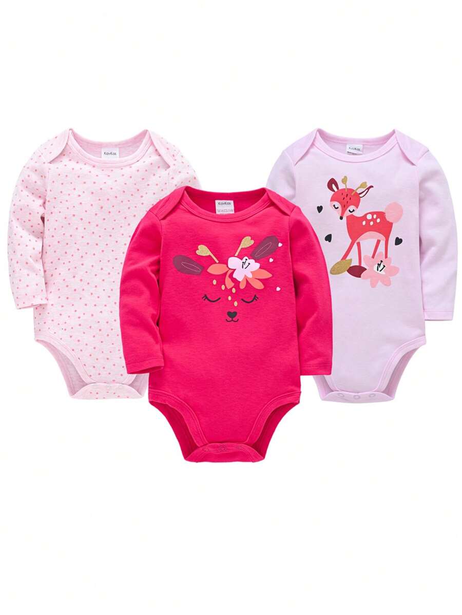 寶寶女孩3件套花鹿與圓點印花長袖連體衣，適用於春秋季節 - 彩色 - 查看 1