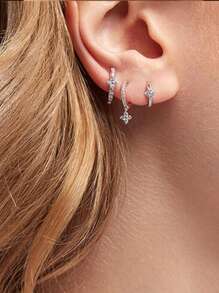 3入組s925銀質3片花瓣鑲鑽耳環,女性每日配飾精品珠寶,耳釘式