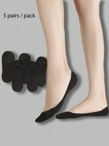 5pairs/Pack Ladies' Black Silicone Anti-Slip Thin Low-Cut Socks, No Show Socks, For Spring, Summer, And Autumn