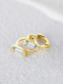 1pair French Bread Cubic Zirconia S925 Sterling Silver Huggies Women Daily Fine Hoop Earrings - Gold-White - View 2