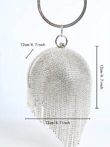 Spherical Evening Bag, Cross-Border Crystal Rhinestone Evening Clutch Bag, Tassel Bracelet Strap Ladies Party Handbag - Silver - View 4