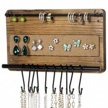 MyGift Wall Jewelry Organizer Hanger, Small 10 Hooks Wood And Black Metal Holder For Hanging Necklace, Earring, Bracelet - Brown - View 6
