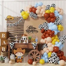 132pcs Western Cowboy Party Balloon Arch Garland Kit With Coffee Blue Yellow Cow Print Latex Balloon For Birthday Party Shower Decoration Farm Animal Theme Supplies, Christmas