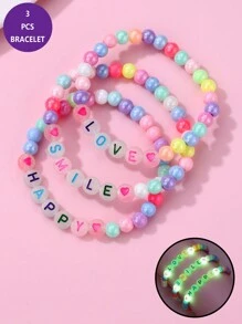 3件組女孩隨機顏色英文LOVE SMILE HAPPY夜光壓克力珠手鍊套組，適合日常佩戴飾品 - 彩色 - 查看 2