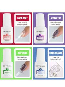Dip Powder Liquid Set: 4pcs 10ml Nail Dip System Essentials Liquid Large Capacity Dip Powder Base Activator Top Coat Saver Dip Powder Nail Kit No Need Curing For Nail Dip User - Trong sáng - Xem 3