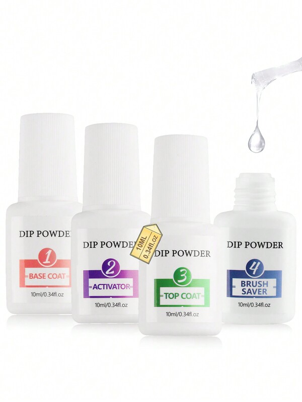 Set de líquido para polvo de inmersión: 4 piezas de 10ml Esenciales del sistema de inmersión de uñas Líquido de gran capacidad Base activadora Capa superior Ahorrador de polvo de inmersión Kit de uñas de inmersión sin necesidad de curado para usuarios de inmersión