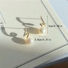 一對扭曲鑽石人造珍珠耳環,簡約百搭耳環 - 金色 - 查看 2