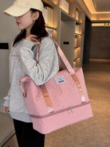 1个可扩展尼龙手提包/周末旅行包/旅行包，大容量拉链设计，适合度假、就医、返校等场合，绗缝细节，字母图案，女士礼物，可用作行李箱、过夜包、旅行包、随身行李包、大学包、周末包、医院包、粉色冬季包、学习用品包 - 粉色 - 查看 6
