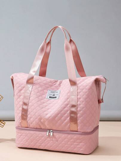 1个可扩展尼龙手提包/周末旅行包/旅行包，大容量拉链设计，适合度假、就医、返校等场合，绗缝细节，字母图案，女士礼物，可用作行李箱、过夜包、旅行包、随身行李包、大学包、周末包、医院包、粉色冬季包、学习用品包