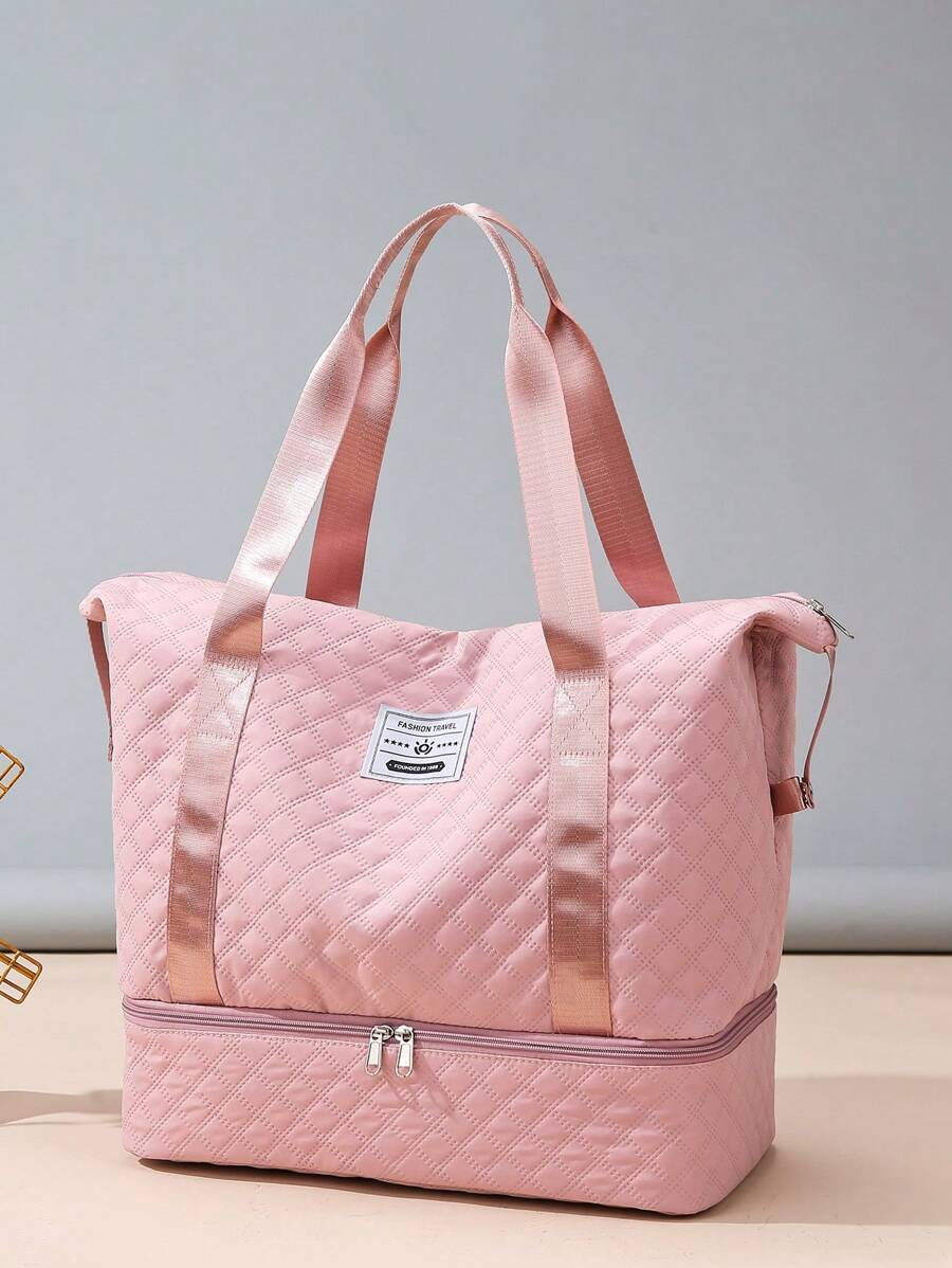 1个可扩展尼龙手提包/周末旅行包/旅行包，大容量拉链设计，适合度假、就医、返校等场合，绗缝细节，字母图案，女士礼物，可用作行李箱、过夜包、旅行包、随身行李包、大学包、周末包、医院包、粉色冬季包、学习用品包