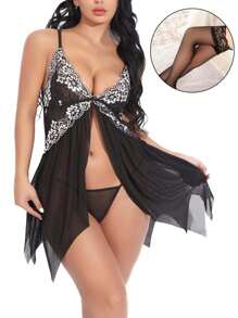 Damas Sexy Lencería Modelo Y Tanga Con Calcetines - Negro - Ver 1