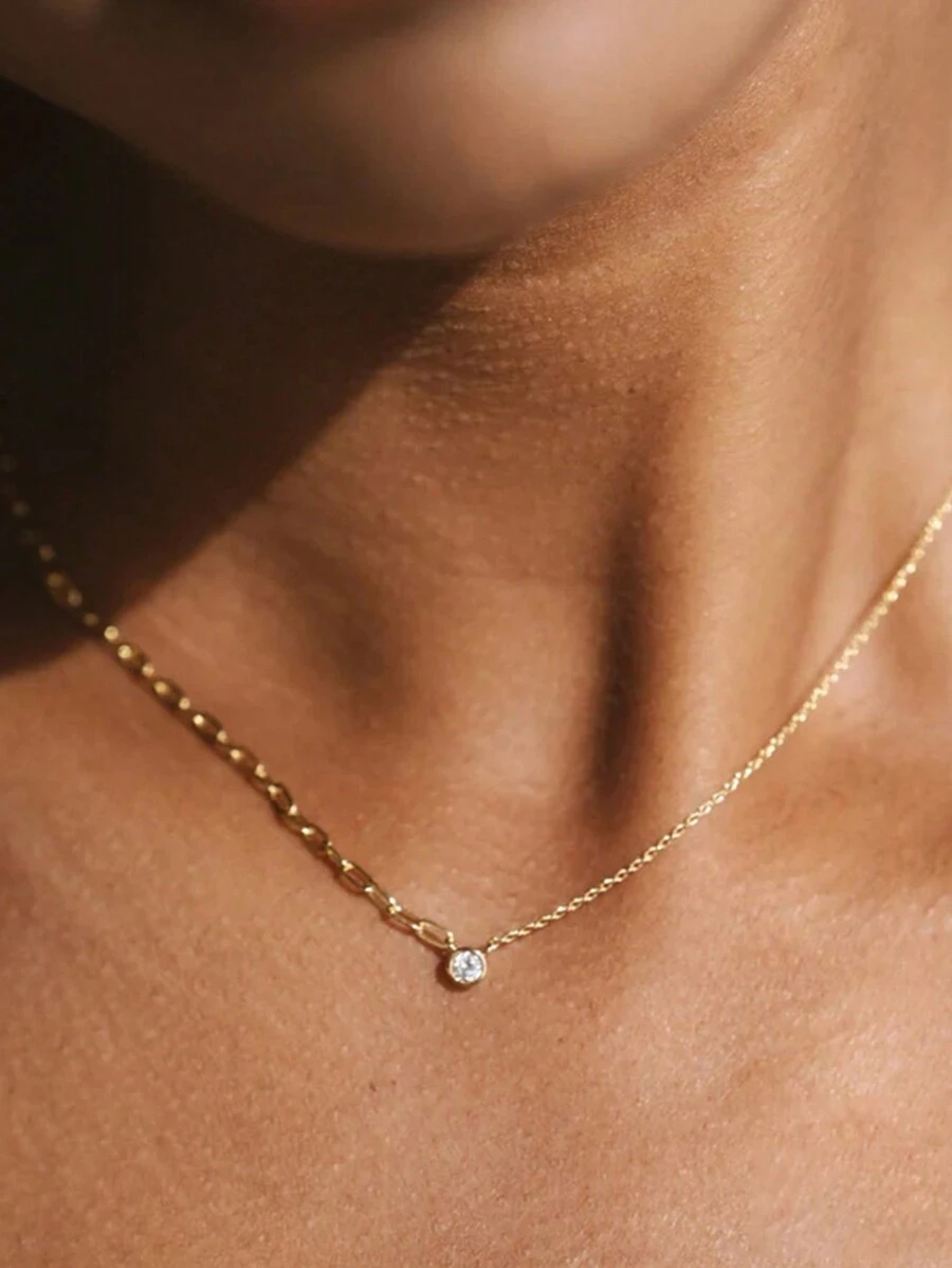 1入組時尚純銀方晶鋯石圓形吊墜項鍊適合女士適用於約會首飾類