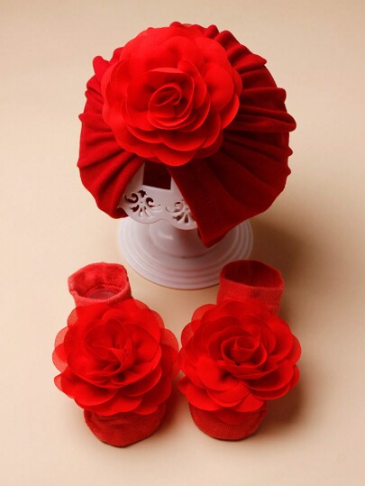 1pc Baby Chiffon Rolled Flower Decorated Headband Hat & 1pair Baby Anti-Slip Floor Socks Set Suitable For Daily Wear Love Valentine