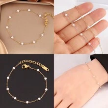 Stainless Steel White Faux Pearl Bracelet For Women Fashion Simple Faux Pearl Beads Chain Bracelets Jewelry - Pearl - View 3