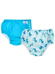 BABYBAMBOO 2 Pañales de piscina de tela de algodón (talla: 6 -12 meses), calzón entrenador, calzón de piscina o natación - Azul - Ver 1