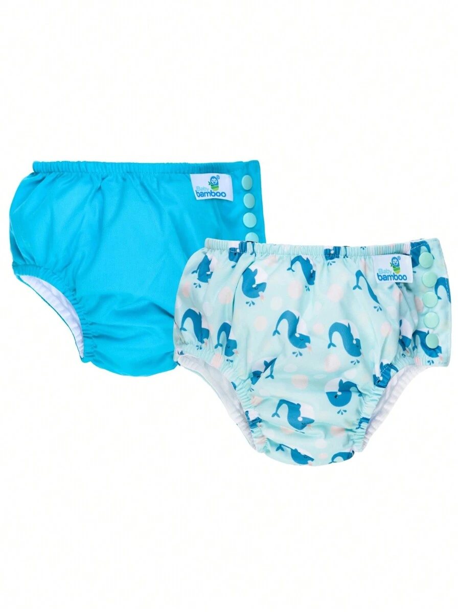 BABYBAMBOO 2 Pañales de piscina de tela de algodón (talla: 6 -12 meses), calzón entrenador, calzón de piscina o natación - Azul - Ver 1