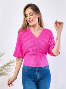 Women Knit Tops - 玫紅色 - 查看 3