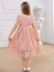 年輕女孩波希米亞鄉村手編鉤針蕾絲A字型紗裙花瓣洋裝 - 藕粉色 - 查看 2