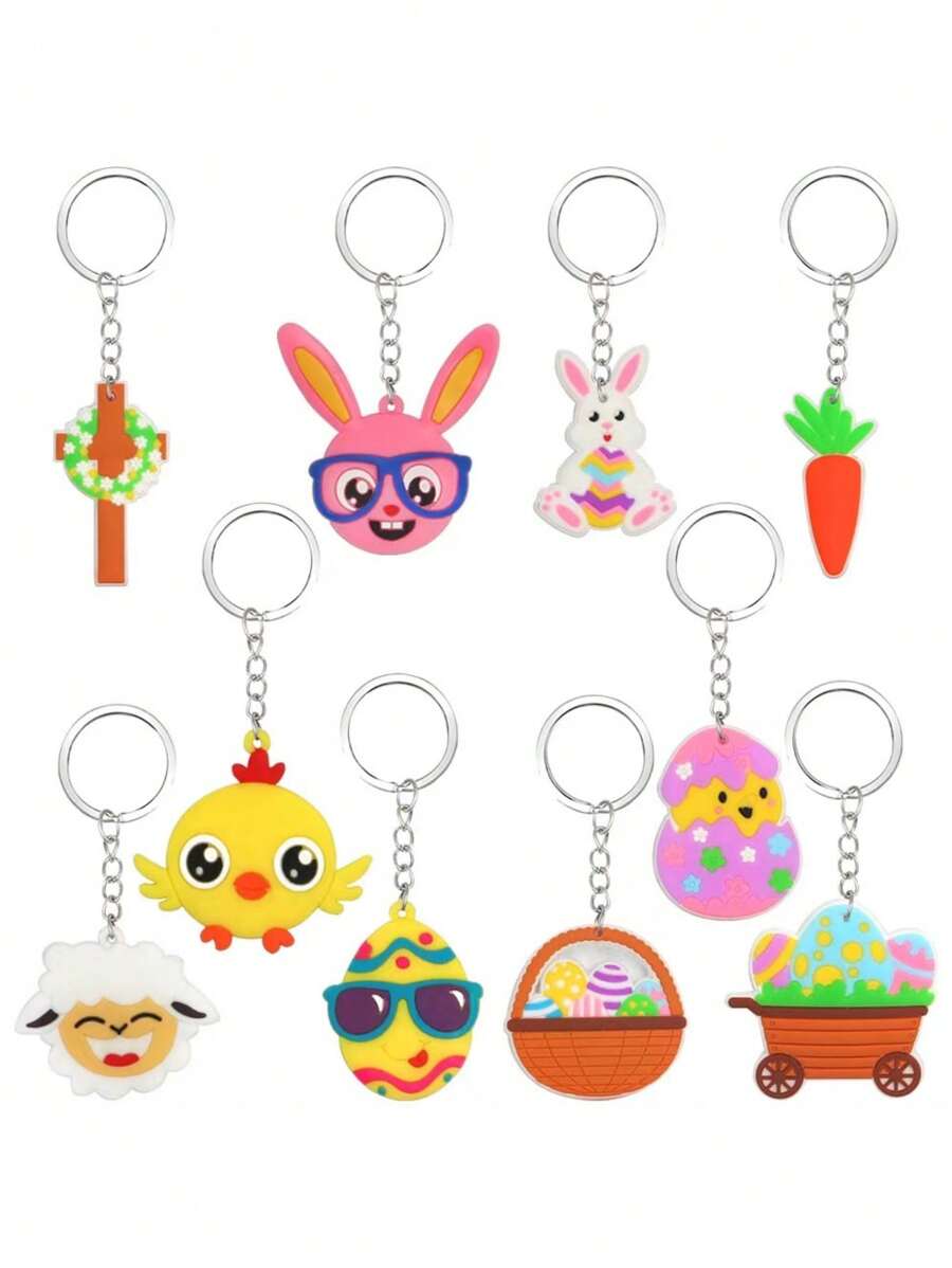 6pcs Random Style Soft Rubber Easter Party Decorative Keychains, Badges, Rabbits, Eggs, Chicks, Carrots - Multicolor - View 1