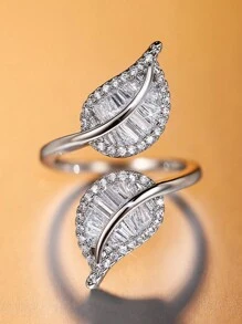 1 pezzo Anello aperto di lusso a forma di foglia con zirconi cubici, adatto per uso quotidiano da donna