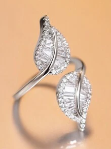 1 pezzo Anello aperto di lusso a forma di foglia con zirconi cubici, adatto per uso quotidiano da donna