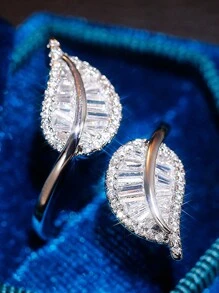 1 pezzo Anello aperto di lusso a forma di foglia con zirconi cubici, adatto per uso quotidiano da donna