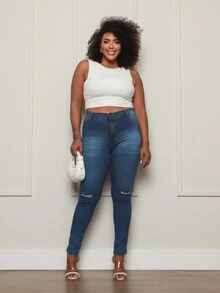 Plus Size Jeans - 深色水洗藍 - 查看 1