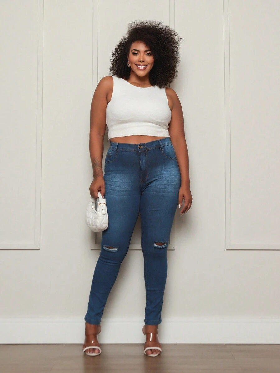 Plus Size Jeans - 深色水洗藍 - 查看 1