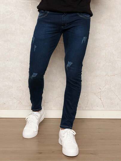 Calça Jeans Masculina Skinny Com Lycra Com Leves Puídos