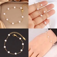 Stainless Steel White Faux Pearl Bracelet For Women Fashion Simple Faux Pearl Beads Chain Bracelets Jewelry - Pearl - View 5