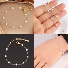 Stainless Steel White Faux Pearl Bracelet For Women Fashion Simple Faux Pearl Beads Chain Bracelets Jewelry - Pearl - View 4