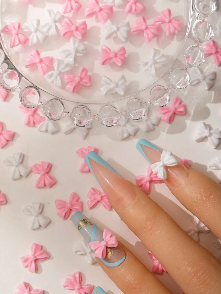 1包y2k可愛粉白色樹脂蝴蝶結3d指尖裝飾diy霧面2色混合大蝴蝶結平底可愛女性休閒藝術指甲藝術配件 - 彩色 - 查看 1
