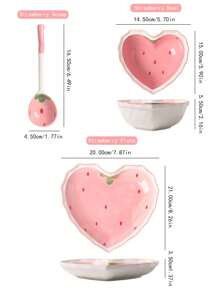 1set Ceramic Strawberry Shaped Bowl, Spoon And Plate Set, Heart Shaped Dish, Salad Bowl, Dessert Dish, Tableware For Home Use,Kitchen,Christmas Gift,School Supplies - Pink - View 2