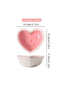 1set Ceramic Strawberry Shaped Bowl, Spoon And Plate Set, Heart Shaped Dish, Salad Bowl, Dessert Dish, Tableware For Home Use,Kitchen,Christmas Gift,School Supplies - Pink - View 13