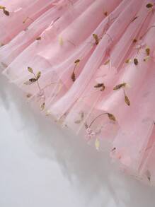 Vestido de tirantes de malla con bordado floral 3D elegante para niñas, adecuado para bodas, cumpleaños, vacaciones, fiestas, graduaciones, verano
