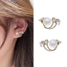 1pair Korean Fashion Faux Pearl & Rhinestone Decor Dangle Earrings For Women, Unique Design High-End And Elegant Accessory - Yellow Gold - View 1
