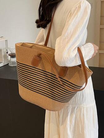 1pc Straw Tote Bag, Large Capacity Straw Bag For Women, New Spring 2025 Collection, Outdoor Hiking Backpack, Summer Fashion Versatile Shoulder Bag, Beach Vacation Bag, Straw Woven Tote Bag With Stripes