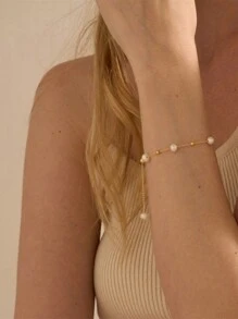 1入女士珍珠時尚簡約細手鍊，18K鍍金925純銀浪漫時尚，每日佩戴，適合周年慶、聖誕節、萬聖節、婚禮珠寶、新娘珠寶用