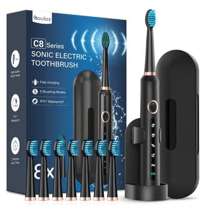 Electric Toothbrush, Electric Toothbrush Travel Toothbrush Rechargeable Teeth Rechargeable Teeth With 8 Brush Heads, Bag,5 Modes Black