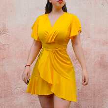V-Cut Ruffle Dress - イエロー - チェックする 2
