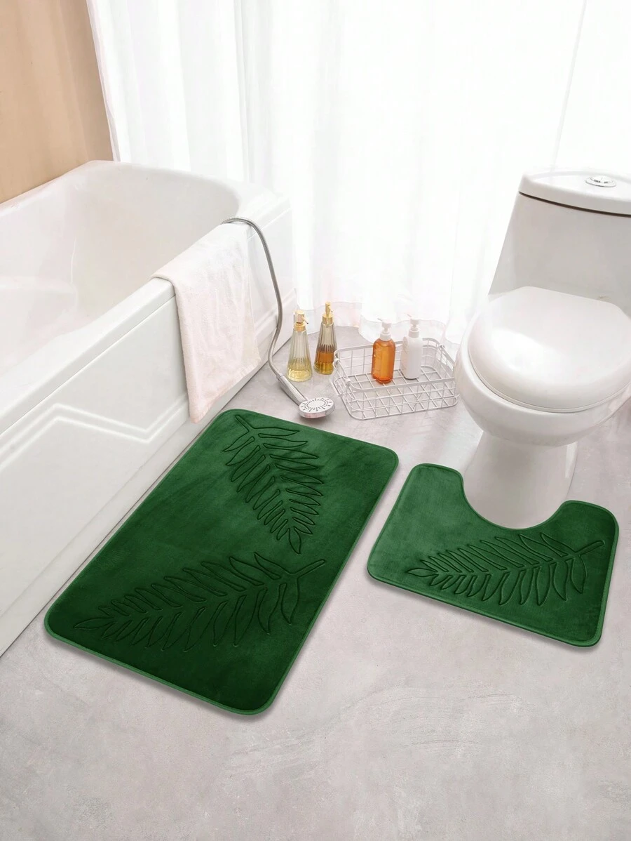 1pc Tree Leaf Pattern Carpet, Simple Style Polyester Fiber Rectangle U-Shaped Absorbent Floor Mat Suitable For Bathroom, Toilet, Living Room, Home Use Home Bathroom Decor Bath Rug Outdoor Rug Door Mat Fall Decor Bathroom Accessories Back To School Entryway Decor - Green - View 1