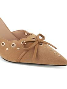 High Heeled Mules For Women Slip On Pointy Bow Heels Suede Dress Kitten Pumps Backless Wedding Shoes - Màu be - Xem 7