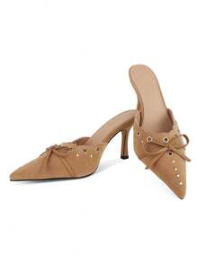 High Heeled Mules For Women Slip On Pointy Bow Heels Suede Dress Kitten Pumps Backless Wedding Shoes - Màu be - Xem 4