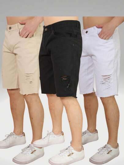 Kit 3 Bermudas Denim Rasgada com Bolso Masculinas Casual Verão Final do Ano