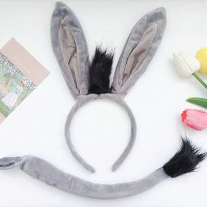 2pcs/Set Funny Donkey Ears & Tail Headband With Bendable & Fixed Animal Shaped Hair Hoop Cute,Mouse Ears, School Stuff, Gifts, Hair Accessories