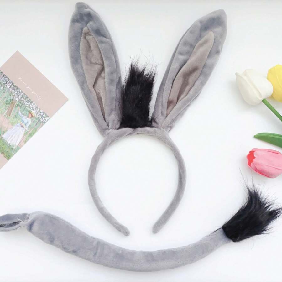 2pcs/Set Funny Donkey Ears & Tail Headband With Bendable & Fixed Animal Shaped Hair Hoop Cute,Mouse Ears, School Stuff, Gifts, Hair Accessories - Light Grey - View 1