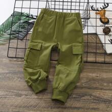 PatPat 年轻男孩时尚口袋设计卡其裤 - 軍綠色 - 查看 1