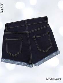 Short- short azul- diseño rasgado- 1 boton- basico- casual- pantalones cortos- pantalones cortos de mujer- ropa de verano- ropa de playa- ropa para vacacionar- chor- shorts. - Ver 2